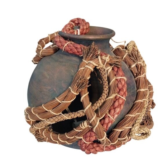 Raku Pottery Luminary Lamp With Pine Needle Natural Accents Signed - Picture 3 of 9